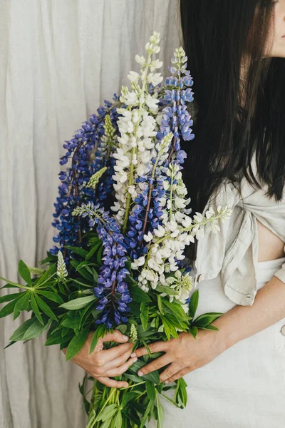 Young Female Linen Dress Posing Lupine Flowers Gathering Arranging Summer — стоковое фото