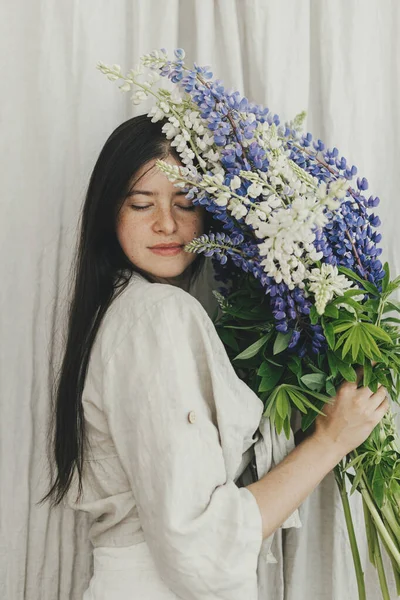 Stylish Woman Holding Lupine Bouquet Rustic Room Gathering Arranging Summer — Stock Fotó