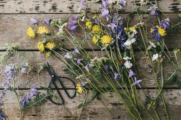 Beautiful Wildflowers Scissors Flat Lay Rustic Wooden Background Gathering Arranging — Stock fotografie