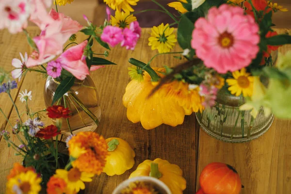Autumn Composition Rustic Table Colorful Autumn Flowers Vase Pumpkins Pattypan —  Fotos de Stock
