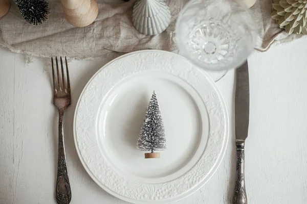 Modern Christmas Table Setting Flat Lay Stylish Little Christmas Tree — Stock Photo, Image