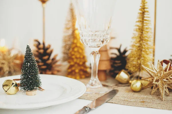 Christmas Luxury Table Setting Little Christmas Tree Bell Plate Vintage — Stock Photo, Image