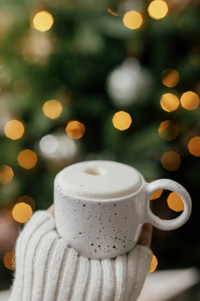 Atmospheric Winter Hygge Hands Holding Warm Cup Coffee Background Christmas — Stock Photo, Image