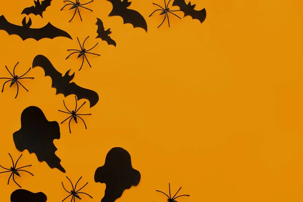 Grattis Halloween Halloween Låg Lågt Fladdermöss Spindlar Och Spöken Dekoration — Stockfoto