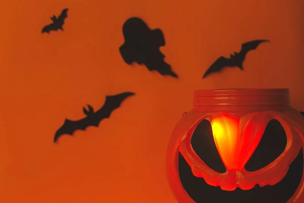 Wesołego Halloween Przerażający Jack Latarni Wiadro Cukierków Czarne Nietoperze Dekoracje — Zdjęcie stockowe