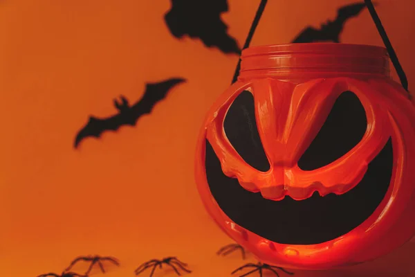 Happy Halloween Jack Lantern Candy Bucket Black Ghosts Bats Spider — Stock Photo, Image