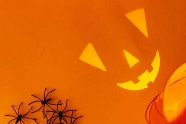 Happy Halloween Black Spiders Decorations Spooky Jack Lantern Face Orange — Stock Photo, Image