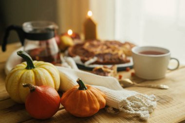 Sonbahar kızarıklığı hala hayattadır. Balkabakları, tarçınlı, mumlu, sonbahar yapraklı ve fındıklı taze elmalı turta ile ahşap masa üzerinde şık bir fincanda ılık çay. Atmosferik konforlu ev