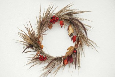 Beyaz duvarda asılı şık bir sonbahar çelengi. Şükran Günü. Kurumuş çimen, böğürtlen, bitki ve yapraklı kırsal sonbahar çelengi. Sonbahar dekorasyonu ve çiftlik evi düzenlemesi