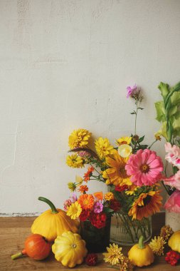 Stylish autumn composition against rustic background. Colorful autumn flowers, pumpkins, pattypan squashes still life. Seasons greeting card. Harvest in countryside. Happy Thanksgiving