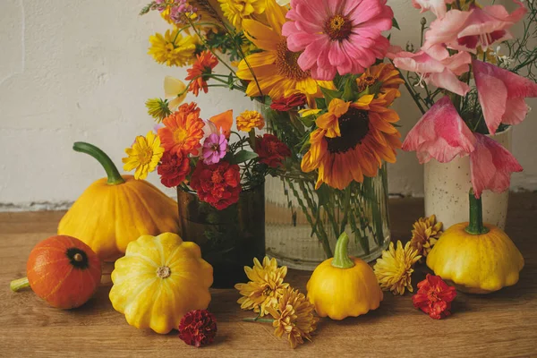 Stylish Autumn Composition Rustic Background Colorful Autumn Flowers Pumpkins Pattypan — Stockfoto