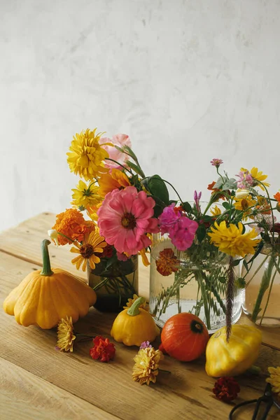 Autumn Moody Still Life Atmospheric Image Colorful Autumn Flowers Pumpkins —  Fotos de Stock