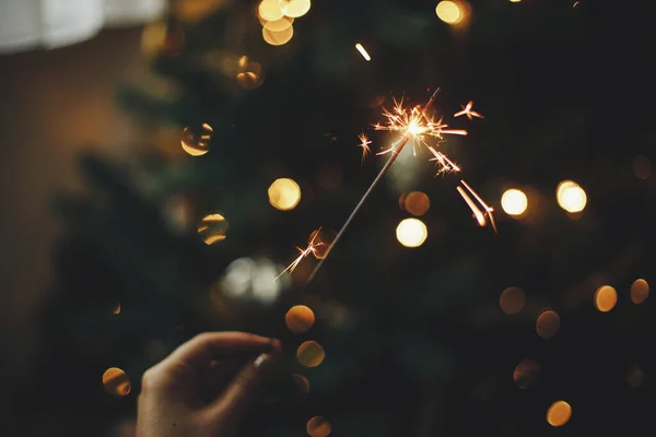 Happy New Year Burning Sparkler Female Hand Background Christmas Tree — Stock Photo, Image