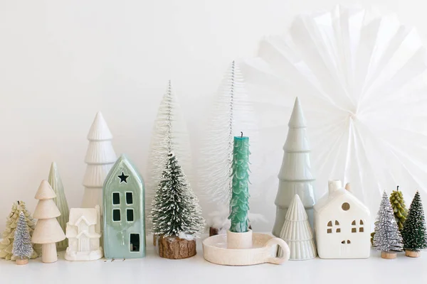 Modern Christmas Scene Miniature Cozy Snowy Village Stylish Little Christmas — Stock Photo, Image