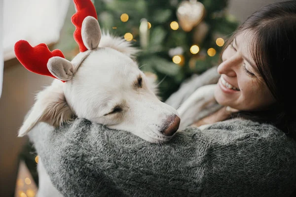 メリークリスマス スタイリッシュなクリスマスツリーで所有者と遊んでトナカイの釣り人でかわいい犬 ペットと冬の休日 幸せな女性抱擁可愛いです面白いですホワイトデンマーク語Spitzでお祝い部屋 — ストック写真