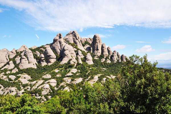 Panoramic views of the peaked mountains. The mountains are covered with green bushes.