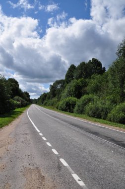 Çöl yolu manzarası. Güzel bulutlar. Yol kenarındaki ağaçlar.