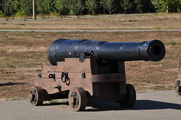 Gammal Järnkanon Kanon Vagn Trä Mot Bakgrunden Vägen Bakgrund — Stockfoto