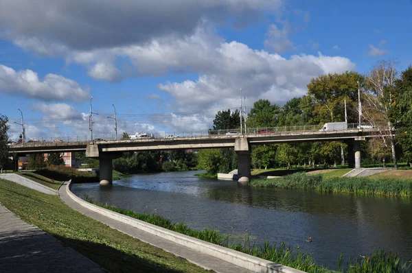 Panoramiczny Widok Rzekę Most Drogowy Brzeg Rzeki Słoneczny Dzień — Zdjęcie stockowe