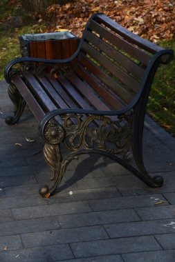 Siyah dökme demirden yapılmış figür bir bahçe tezgahı. Şehir parkının bahçe tezgahı..