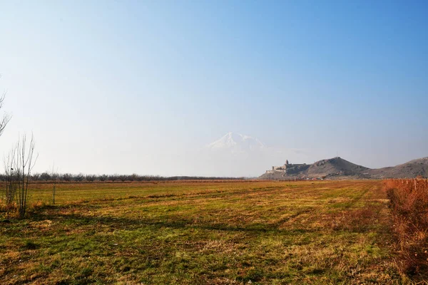 Pohled Horu Ararat Starý Klášter Posekané Zelené Pole — Stock fotografie