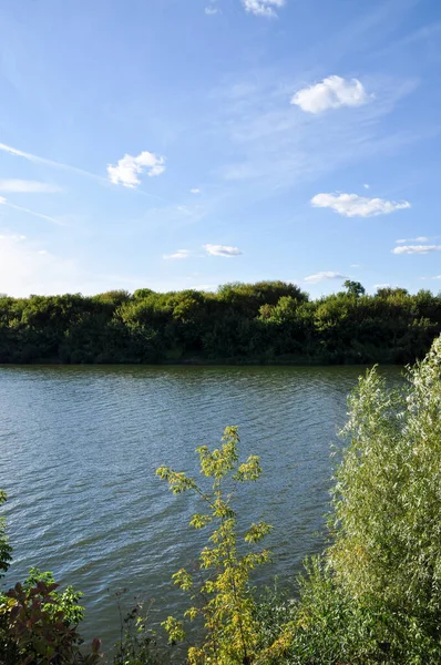 Zomer Dag Rivier Uitzicht Rivier Blauwe Lucht Bomen Aan Kust — Stockfoto