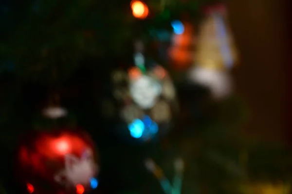 Christmas Blurred Image Christmas Tree Decorations Multicolored Balls Branch Christmas — Photo