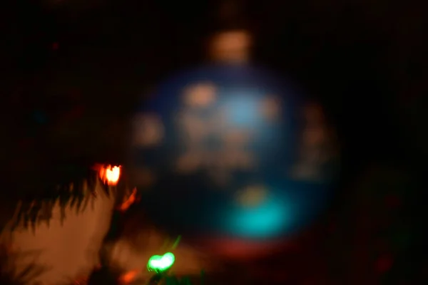 Blurred Image Christmas Tree Decoration Large Blue Ball Out Focus — Stockfoto