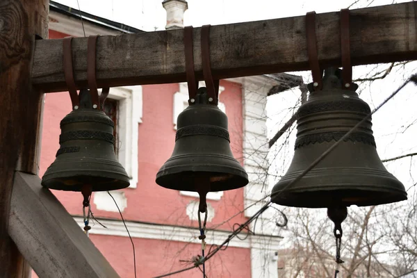 Close Bells Bells Suspended Wooden Beam Bells Metallic Patterns — Foto Stock