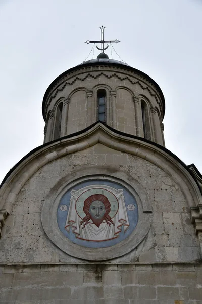 Närbild Toppen Kyrkan Fresco Skildrar Kristus Kyrkans Fasad Gamla Kyrkan — Stockfoto