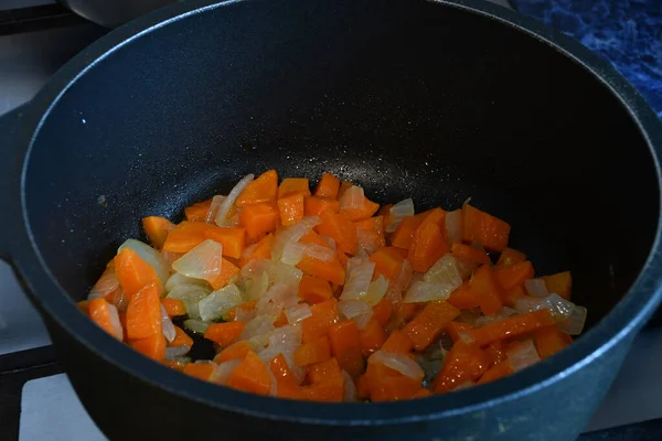Fry Carrots Onions Stove Saucepan Cooking — Stock Photo, Image