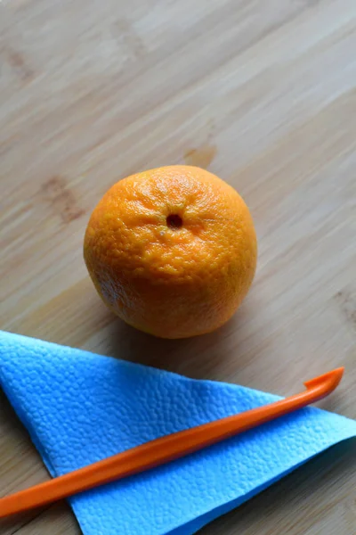 Still Life Yellow Tangerine Light Background Napkin Citrus Peeler — Stock Photo, Image