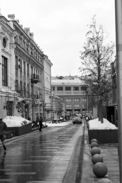 Photographie Noir Blanc Vue Panoramique Rue Pushechnaya Dans Centre Moscou — Photo