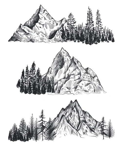 Vector set of hand drawn graphic mountain ranges and pine forest. Royalty Free Stock Vectors