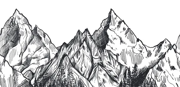 Vector seamless pattern with hand drawn graphic mountain ranges and pine forest. Stock Illustration