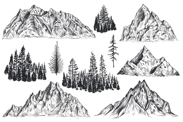 Vector set of hand drawn graphic mountain ranges and pine forest. Stock Vector
