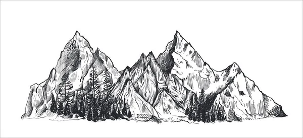 Vector hand drawn graphic mountain ranges and pine forest. Nature landscape. Royalty Free Stock Illustrations