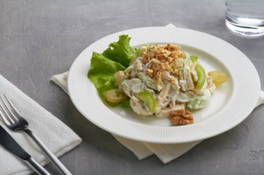 Elmadan yapılmış klasik Amerikan Waldorf salatası kereviz ceviz üzümlü mayonez krem şantili beyaz tabak arka plan