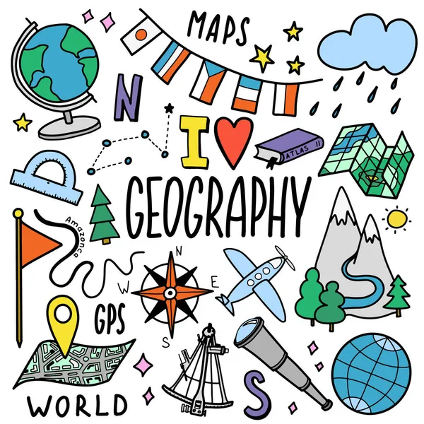 Jeg Elsker Geografi Symboler Skole Emne Ikoner Sæt Uddannelse Tegning – Stock-vektor