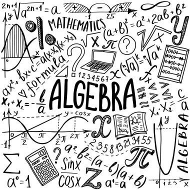 Matematik sembolleri seti. Matematik ya da matematik karalama tasarımı. Eğitim ve öğrenim kavramı. Not defteri için okula geri döndüm, defter için değil, eskiz defteri için. El çizimi illüstrasyon.