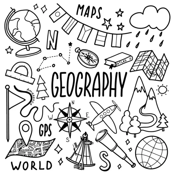 Geografie Symbolen Pictogram Set Onderwerp Van School Opleiding Schets Doodle — Stockvector