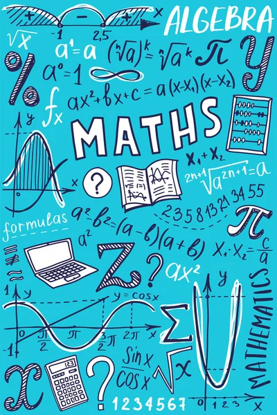 Matek szimbólumok ikon készlet. Algebra vagy matematika tárgy firka design. Oktatás és tanulás koncepció. Vissza az iskola hátterébe jegyzetfüzetért, nem jegyzetfüzetért, vázlatfüzetért. Kézzel rajzolt illusztráció. — Stock Vector