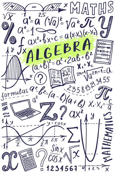 Matek szimbólumok ikon készlet. Algebra vagy matematika tárgy firka design. Oktatás és tanulás koncepció. Vissza az iskola hátterébe jegyzetfüzetért, nem jegyzetfüzetért, vázlatfüzetért. Kézzel rajzolt illusztráció. — Stock Vector