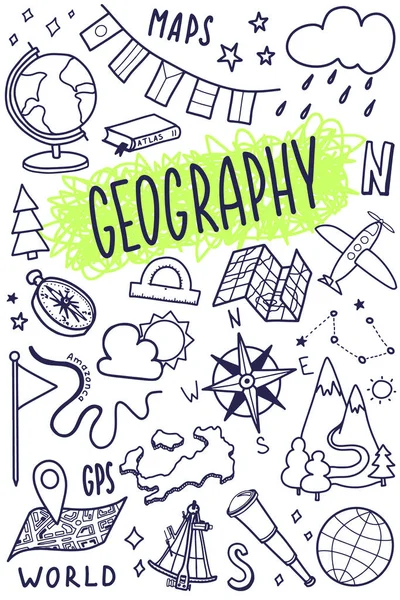 Geografiske symboler er satt. Utforming av fag. Utdanningstegninger skisser i doodle-stil. Studier, naturfag. Tilbake til skolebakgrunn for notisbok, skissebok. – stockvektor