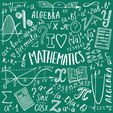Matematik sembolleri seti. Matematik ya da matematik karalama tasarımı. Eğitim ve öğrenim kavramı. Not defteri için okula geri dönüyorum, defter için değil. El çizimi illüstrasyon.