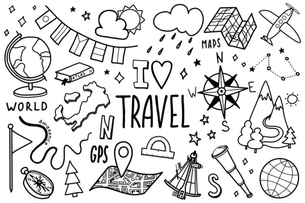 Resor ikoner som i hand dras doodle stil. Symboler för turism och geografi. Vektor illustration på vit bakgrund — Stock vektor