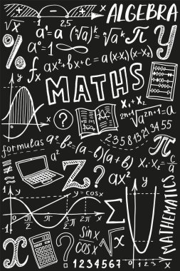 Matematik sembolleri seti. Matematik ya da matematik karalama tasarımı. Eğitim ve öğrenim kavramı. Not defteri için okula geri dönüyorum, defter için değil. El çizimi illüstrasyon.