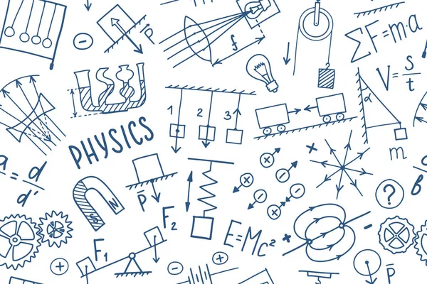 Phisics symboler klottrar sömlöst mönster. Vetenskapligt ämne omfattar malldesign. Utbildningskoncept. Tillbaka till skolan skissartad bakgrund för bärbar dator, inte pad, skissbok. — Stock vektor