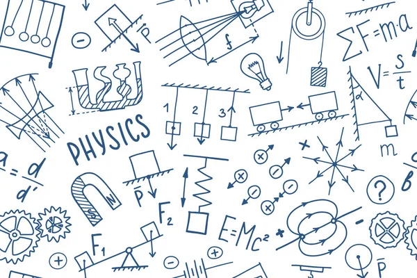 Phisics symbolen doodle naadloos patroon. Wetenschapsonderwerp sjabloon ontwerp. Onderwijs studie concept. Terug naar school schetsmatige achtergrond voor notebook, niet pad, schetsboek. — Stockvector