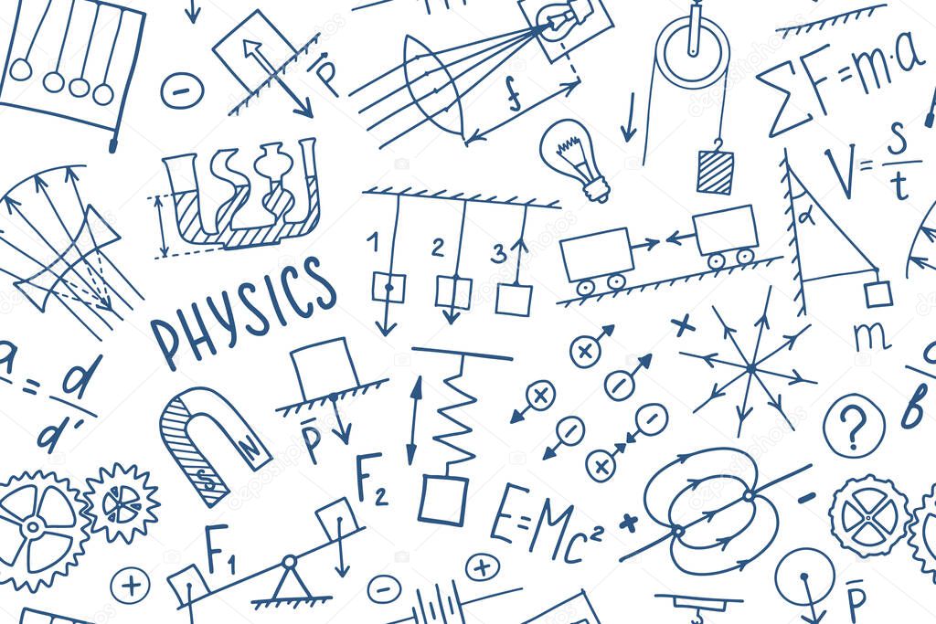 Phisics symbols doodle seamless pattern. Science subject cover template design. Education study concept. Back to school sketchy background for notebook, not pad, sketchbook.